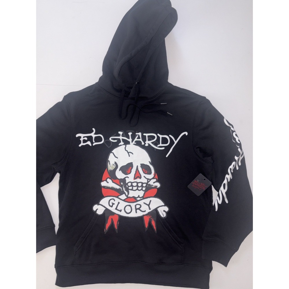Ed Hardy Men's (NWT) Glory Skull Fleece Pullover Hoodie Black EHM1300-1